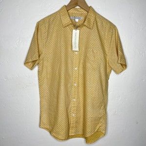 Outerknown mens small yellow white reverse print short sleeve button up shirt